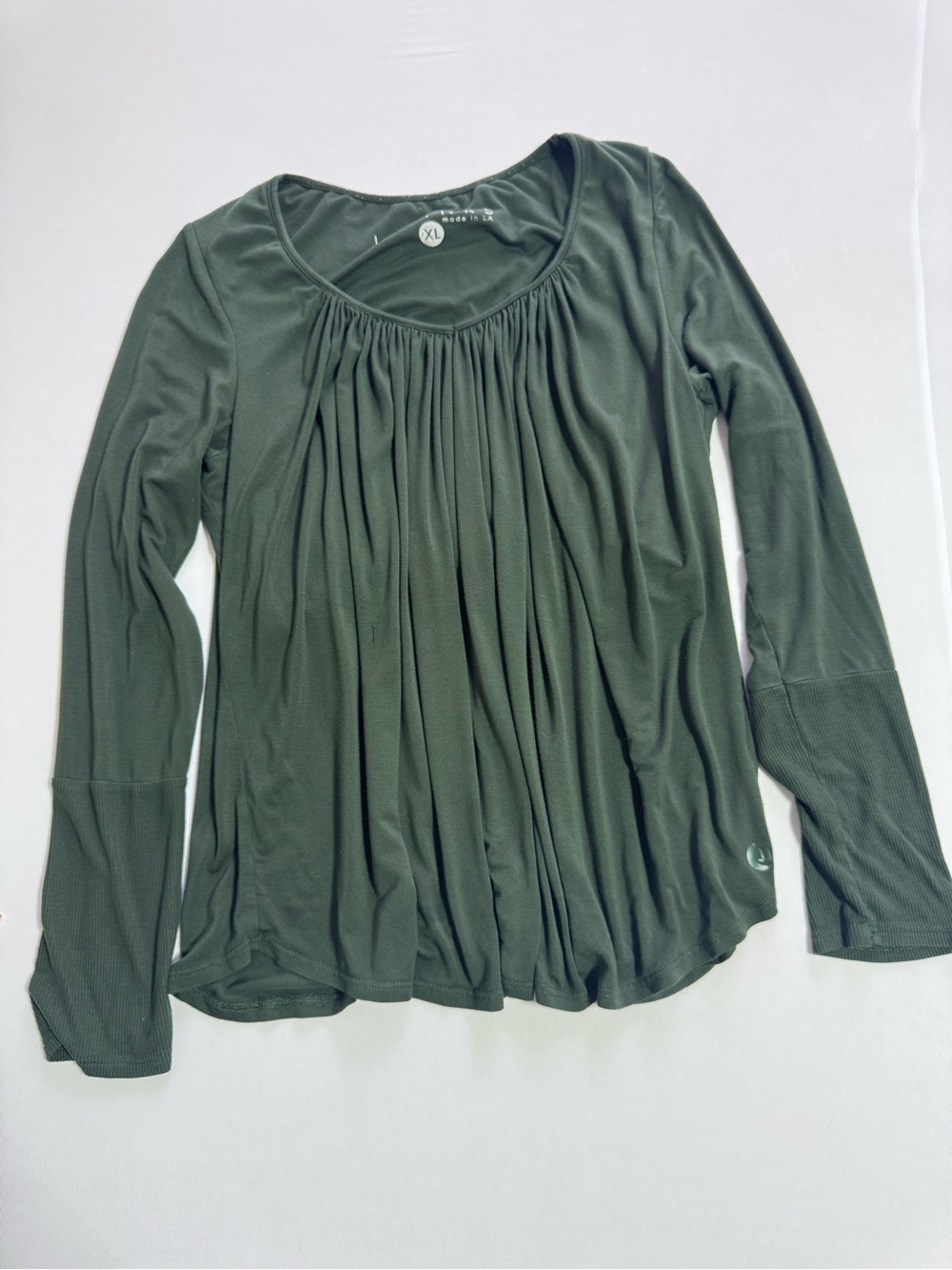 Wink Olive Green Long-Sleeve Pleated Scoop Neck Top